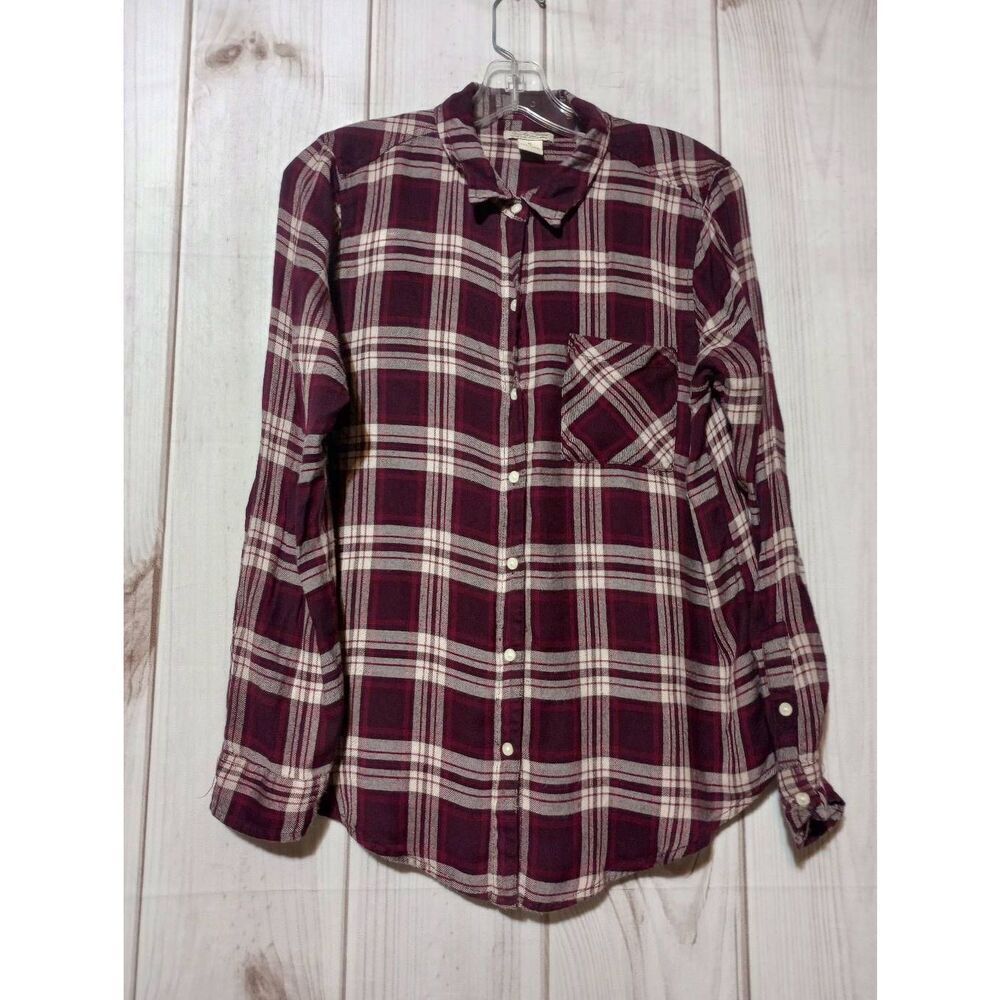 Lucky Brand Shirt Ladies Medium Maroon Flannel Long Sleeve Button Front